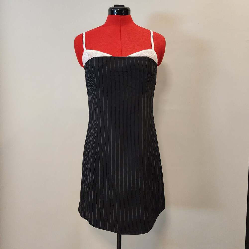 NIA August Pinstripe Lace Trim Faux Layered Mini Dress Black Medium NWT